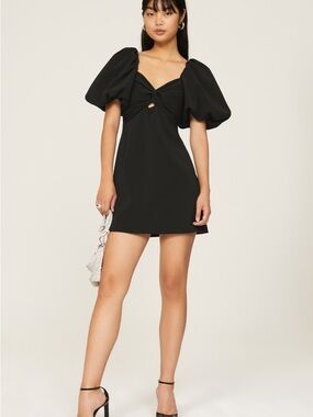 Puff-Sleeve Black Mini Dress with Twist Front